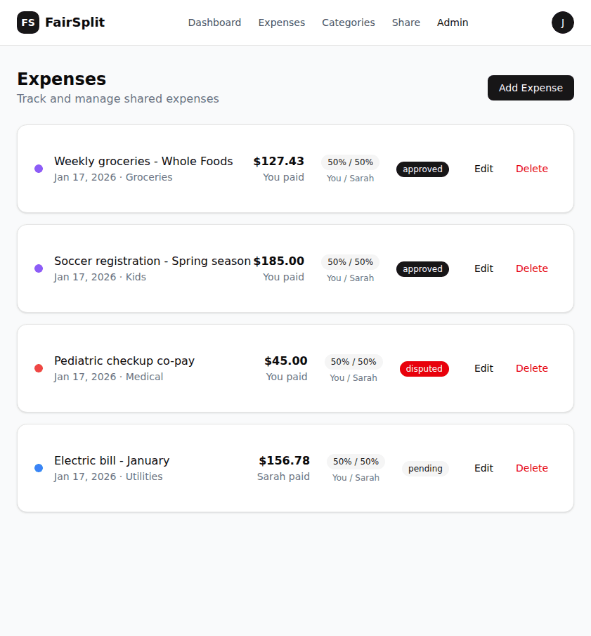 CoSplit Expenses list with approval status